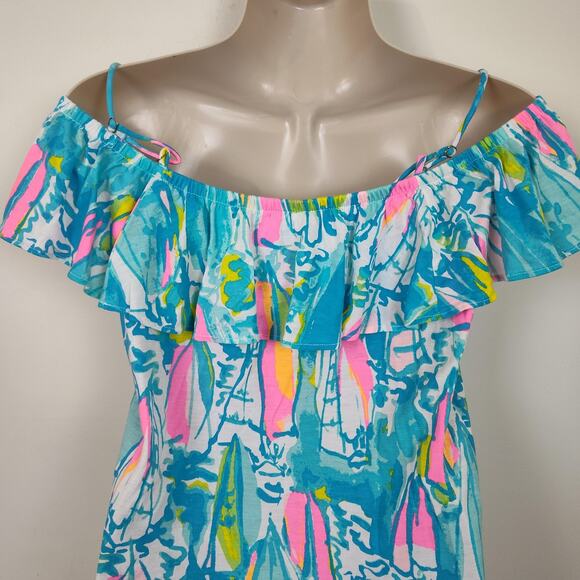 Lilly Pulitzer Top Womens XXS Blue Pink Off Shoulder Ruffle Surfboard Print Boho - Picture 10 of 16